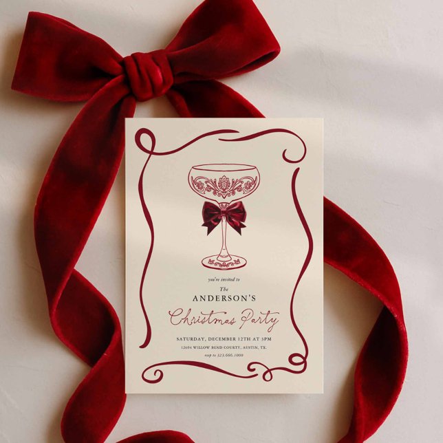 Convite Elegant Christmas Cocktail Party Invitation (Red bow Christmas Party Invitation)