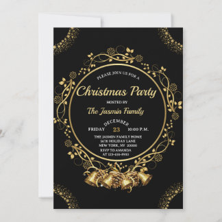 Convite Elegant CHRISTMAS PARTY Black and Gold bells