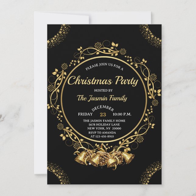 Convite Elegant CHRISTMAS PARTY Black and Gold bells (Frente)