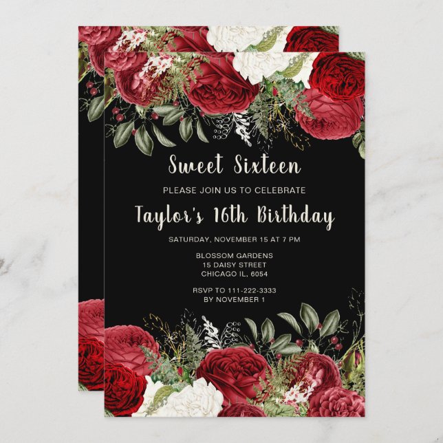 Convite Elegant Christmas Red Flowers Sweet Sixteen (Frente/Verso)