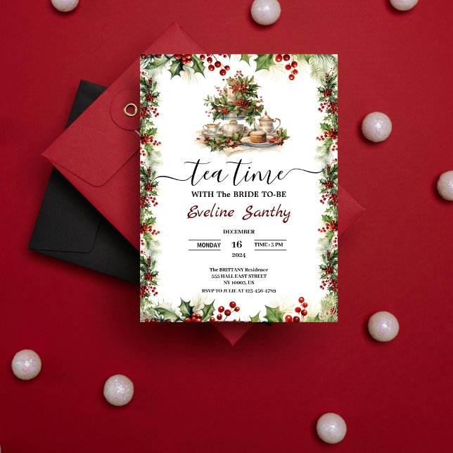 Convite Elegant Christmas Tea Party Floral Bridal Shower (Elegant Christmas Tea time Party Floral Bridal Shower Invitation)
