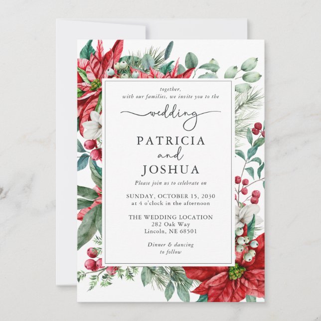 Convite Elegant Christmas Wedding Invitation Poinsettia (Frente)