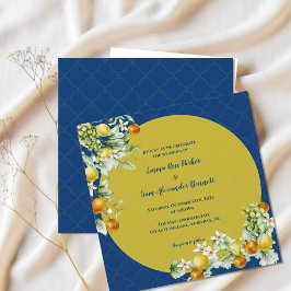 Convite Elegant Citrus Blue Gold Floral Wedding