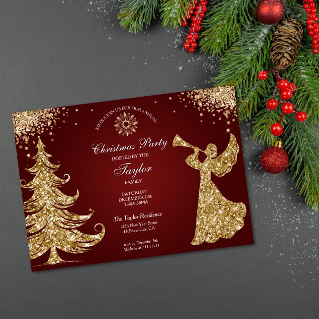 Convite Elegant Classic Angel Christmas Dinner Party (gold glitter trumpet angel Christmas party invitation with red background)