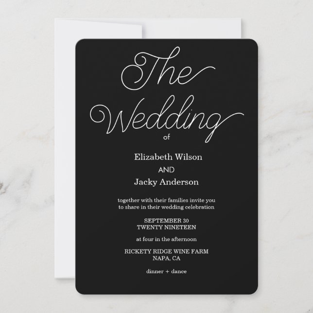 Convite Elegant Classic Black and White Caligraphy Wedding (Frente)