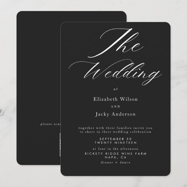 Convite Elegant Classic Black and White QR code Wedding (Frente/Verso)