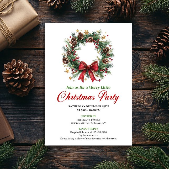 Convite Elegant Classic Christmas Wreath Party Card (Elegant Classic Christmas Wreath Party Card)