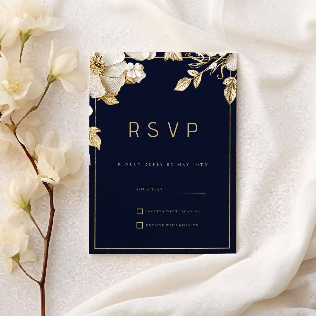 Convite Elegant classic navy blue gold floral RSVP (Elegant classic navy blue gold floral RSVP)