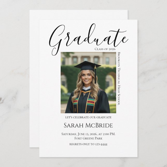 Convite Elegant Classic One Photo Graduation Invitation (Frente/Verso)