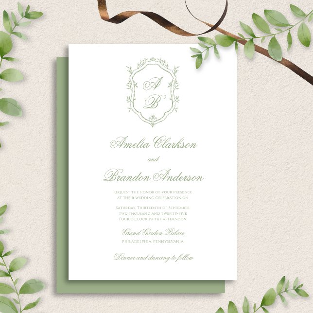 Convite Elegant Classic Sage Green Monogram Crest Wedding (Criador carregado)