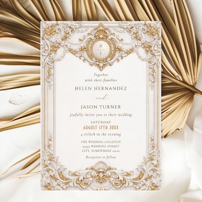 Convite Elegant Classy Gold & White Baroque Frame Wedding (Criador carregado)