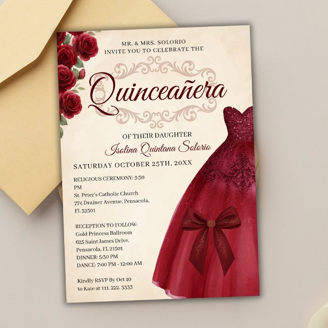 Convite Elegant Classy Quinceanera 15th birthday Burgundy  (Criador carregado)