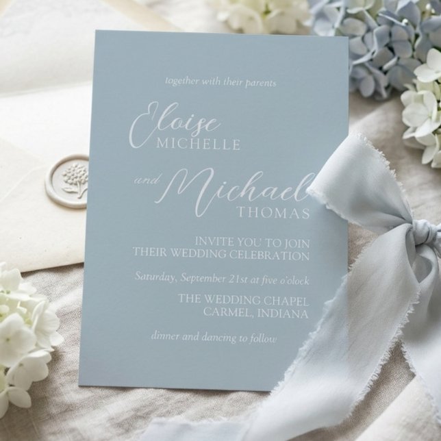 Convite Elegant Coastal Blue Script Wedding Invitation (Elegant Coastal Blue Script Wedding Invitation)