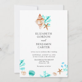 Convite Elegant Coastal Seashell Watercolor Beach Wedding