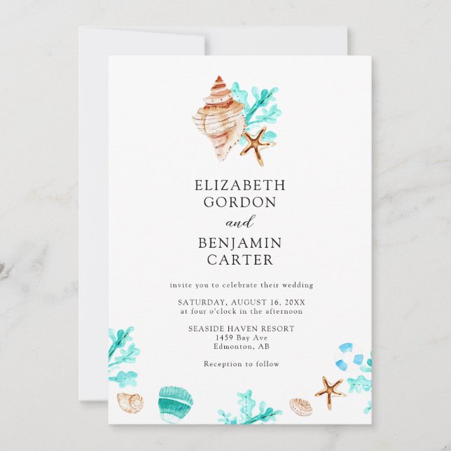 Convite Elegant Coastal Seashell Watercolor Beach Wedding (Frente)