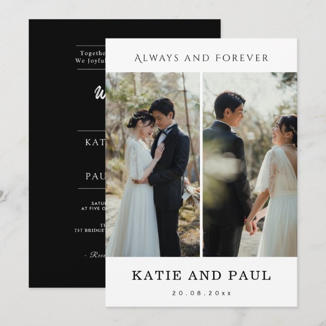 Convite Elegant Collage 2 Photo Modern Black Chic Wedding  (Frente/Verso)