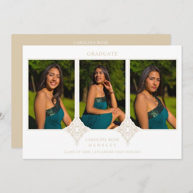 Convite Elegant Collage Lace Romantic 3 Photos Graduation (Frente/Verso)