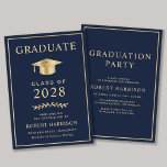 Convite Elegant College Blue Dourado Festa de formatura<br><div class="desc">Formandos azul escuro elegante,  anúncio e convite de festas com boné de formatura de ouro e típica tipografia de ouro moderna para o nome do formando,  ano de aula,  faculdade ou universidade,  grau e grande ou honras. No verso,  adicione os detalhes da graduação.</div>