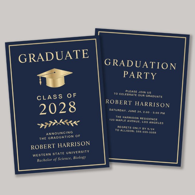 Convite Elegant College Blue Dourado Festa de formatura (An elegant college graduation party invitation to celebrate the graduate's achievements)