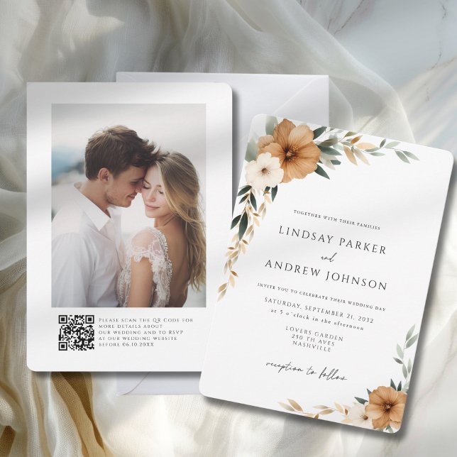 Convite Elegant Copper & Earthy Botanical Wedding Photo (Elegant Copper & Earthy Photo QR Code Botanical Wedding Invitation)