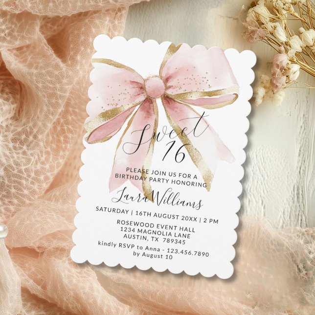 Convite Elegant Coquette Pink & Gold Bow Sweet 16 (Elegant Coquette Pink and Gold Bow Sweet 16th Invitation)