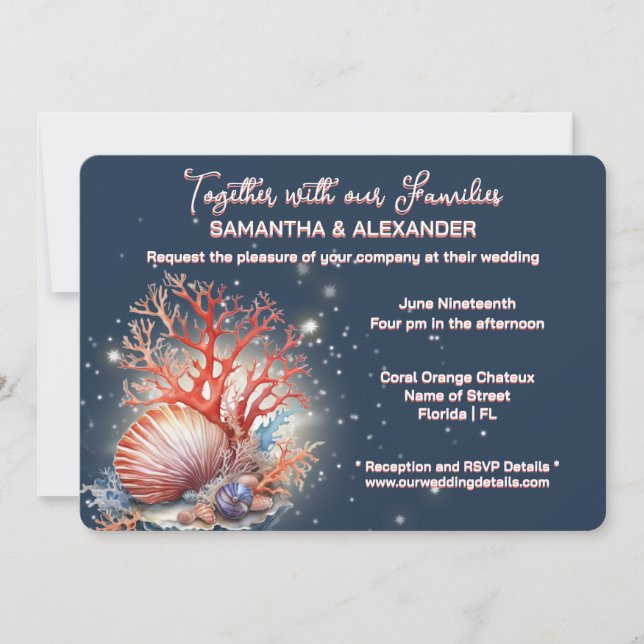 Convite Elegant Coral Blue Beach Wedding Invitation (Frente)