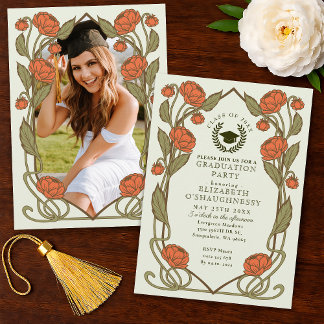 Convite Elegant Coral Peony Art Nouveau Graduation Party