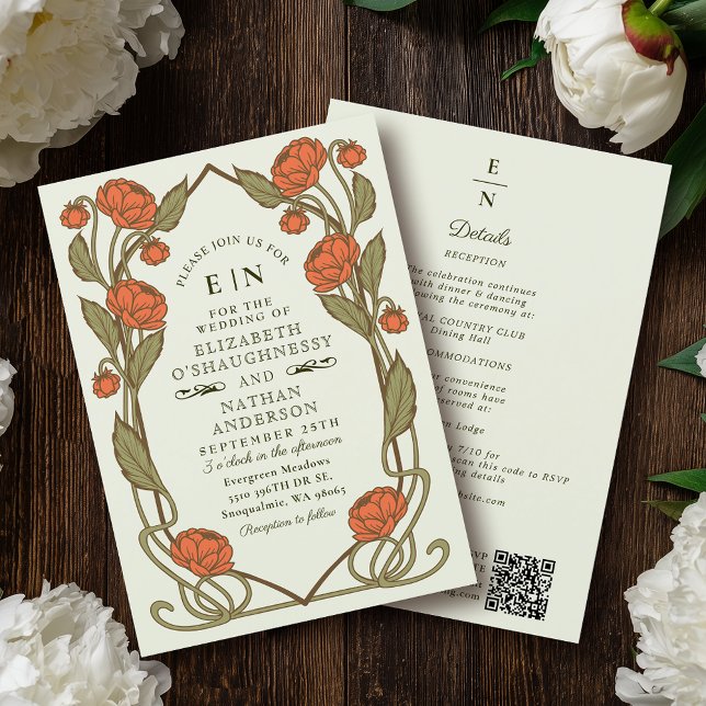 Convite Elegant Coral Peony Art Nouveau QR Code Wedding (Criador carregado)