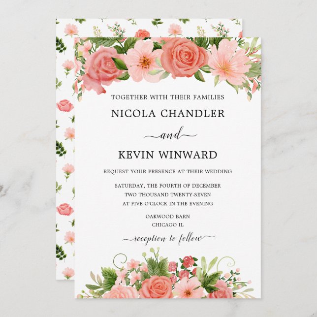 Convite Elegant Coral Roses Floral Wedding (Frente/Verso)