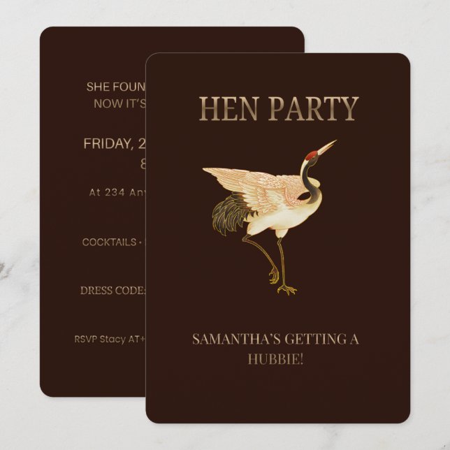 Convite Elegant Crane Hen Party Invitation, Custom Bride t (Frente/Verso)