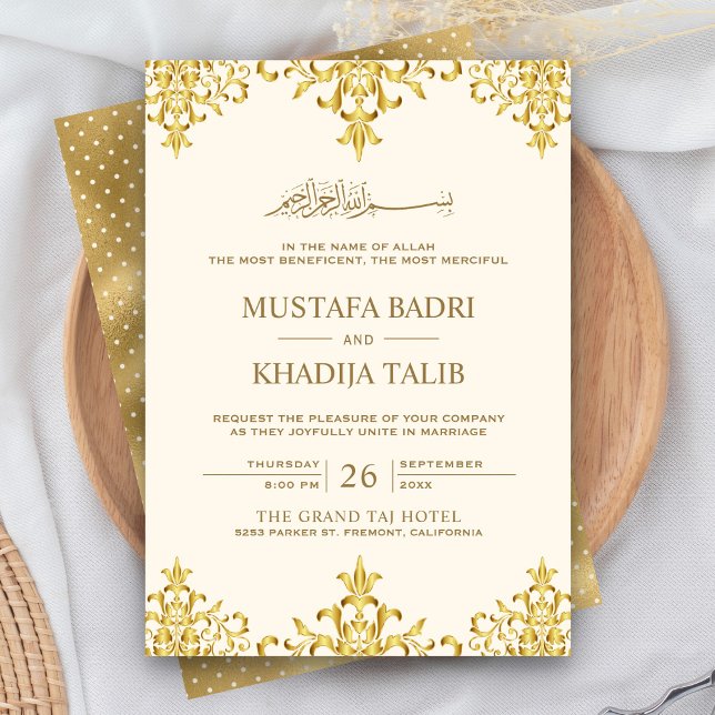 Convite Elegant Cream and Gold Foil Damask Islamic Wedding (Criador carregado)