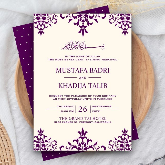 Convite Elegant Cream and Purple Damask Islamic Wedding (Criador carregado)