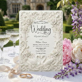 Convite Elegant Cream Faux Sculpted Swans Wedding