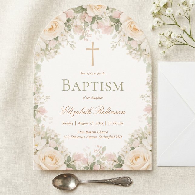 Convite Elegant Cream Rose Floral Cross Baptism (Criador carregado)