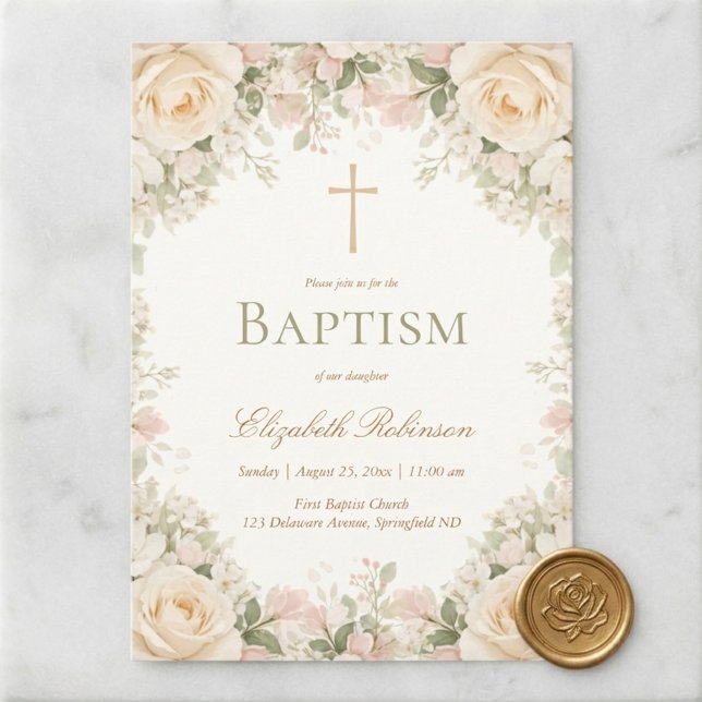 Convite Elegant Cream Rose Floral Cross Baptism (Criador carregado)