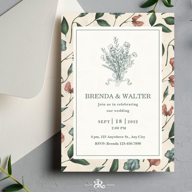Convite Elegant Cream Rustic Wildflower Sketch Wedding  (Criador carregado)