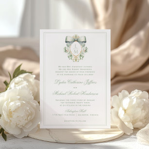 Convite Elegant Crest c/ Laço Verde Musgo   Casamento Mono