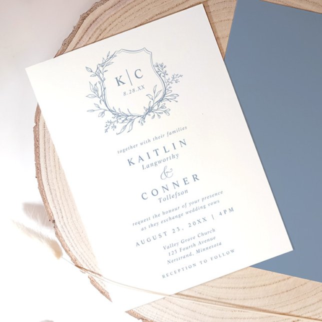 Convite Elegant Crest Dusty Blue Classic Formal Wedding (Elegant dusty blue wedding invitation with vintage crest, monogram, and botanical details)