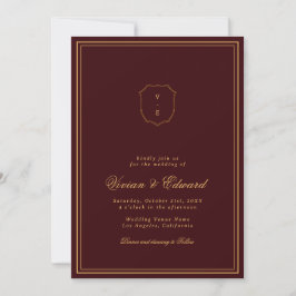 Convite Elegant Crest Monogram Burgundy & Gold Wedding