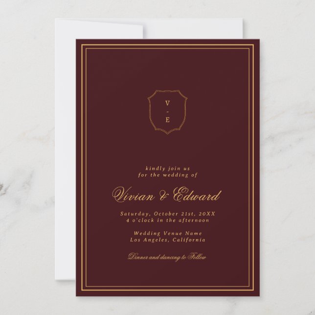 Convite Elegant Crest Monogram Burgundy & Gold Wedding (Frente)