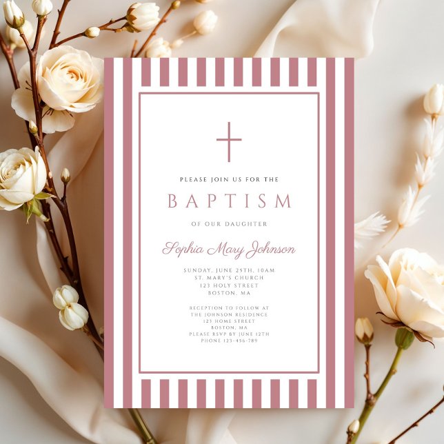 Convite Elegant Cross Dusty Pink Girl Baptism  (Elegant Cross Dusty Pink Girl Baptism Invitation)