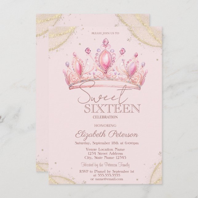 Convite Elegant Crown Gold Glitter Corners Sweet 16   (Frente/Verso)