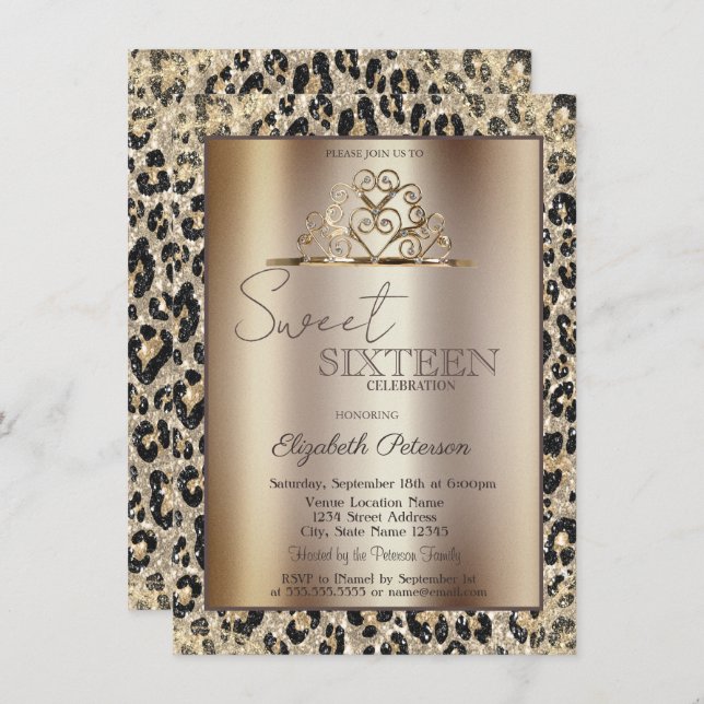 Convite Elegant Crown Leopard Print Sweet 16   (Frente/Verso)