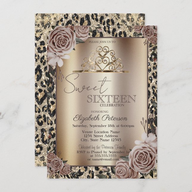 Convite Elegant Crown Roses Leopard Print Sweet 16   (Frente/Verso)