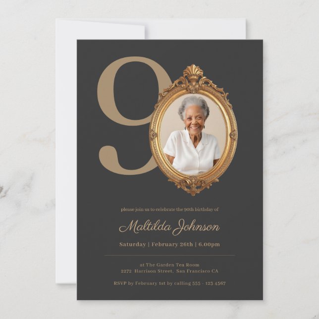 Convite Elegant Custom Photo Gold 90th Birthday  (Frente)