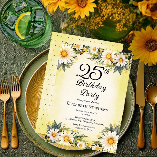 Convite Elegant Daisies Garden Floral 25th Birthday Party (Elegant Daisies Garden Floral 25th Birthday Party Invitation - Print and/or Digital Download)