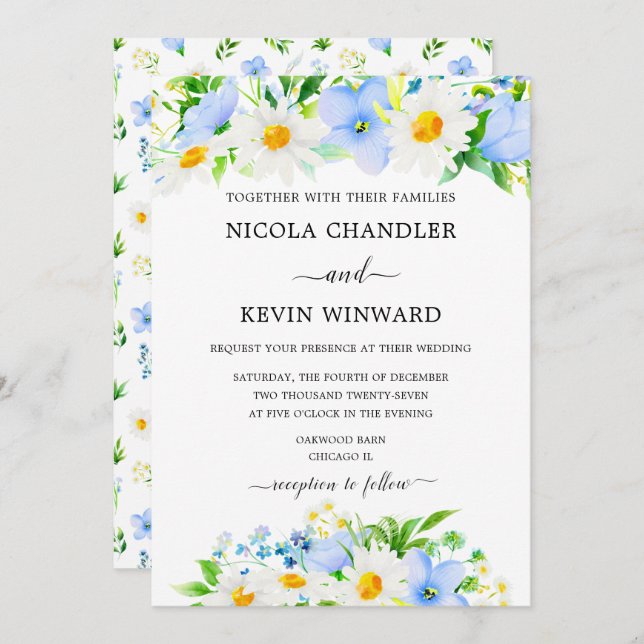 Convite Elegant Daisy and Forget Me Not Wedding (Frente/Verso)