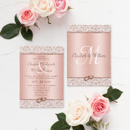 Convite Elegant Damask Rose Gold Monogram Wedding