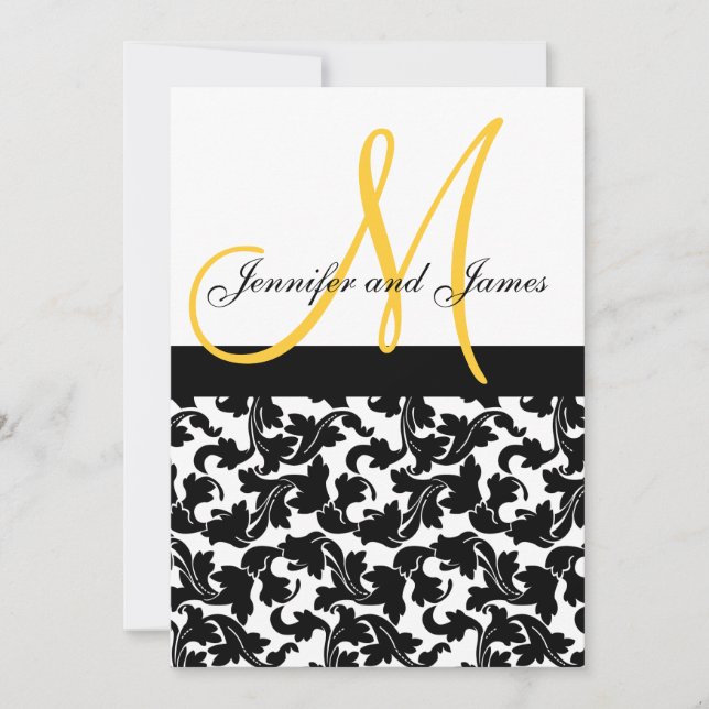 Convite Elegant Damask Wedding Invitation Monogram Yellow (Frente)