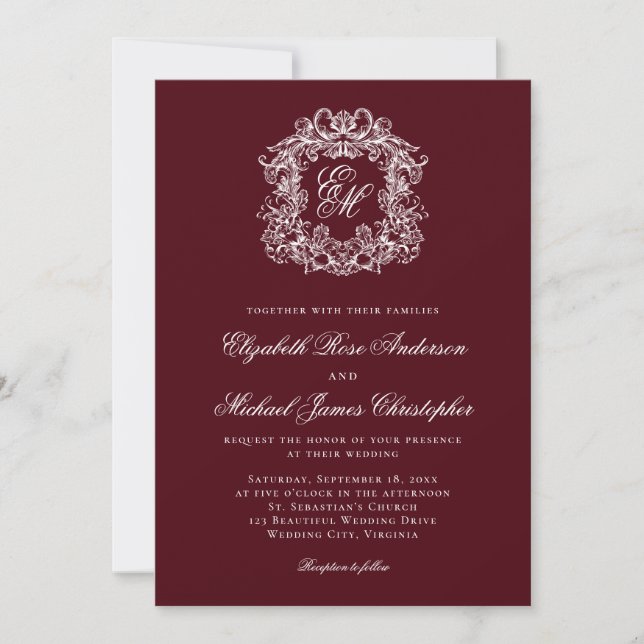 Convite Elegant Dark Burgundy Monogram Crest Wedding (Frente)